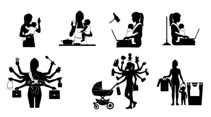 Obraz premium Silhouette of busy mother juggling childcare, cooking, and work with baby, laptop, and household tasks