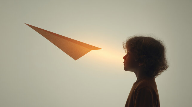 Child Silhouette Watching Glowing Paper Airplane in Soft Light, Dream Hope Imagination Concept Inspirational Art