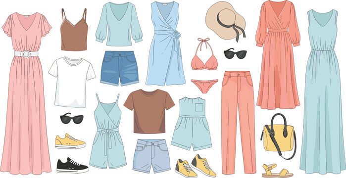 Summer Fashion Clothing Set with Dresses, Shorts, Tops, Sunglasses, and Accessories for Casual and Trendy Designs