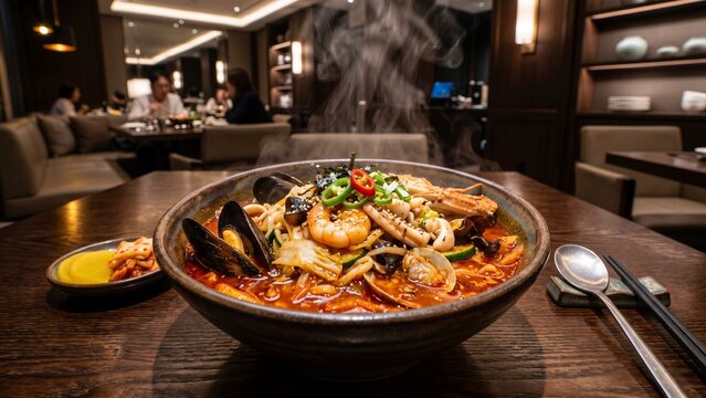 Spicy Korean Seafood Noodle Soup Jjamppong with Mussels and Shrimp in Restaurant