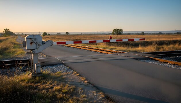Railway crossing with closed gate across a rural road at sunset for a safety barrier concept representing travel restrictions and transportation infrastructure