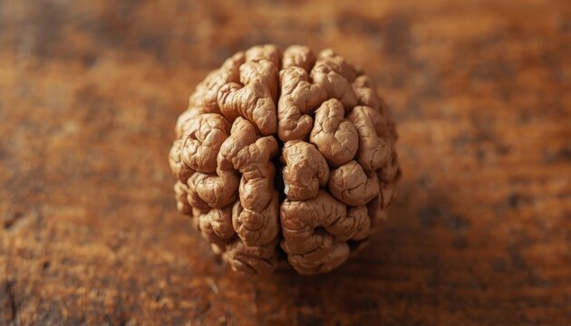 This is a walnut nut on a wooden table with a brown background
