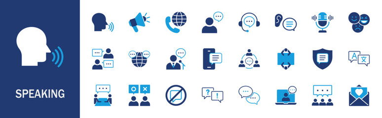 Speaking icon set. Containing dialogue, communication, talk, speech, discussion, chat, conference, meeting, voice, speech bubble, and more. © moong chi
