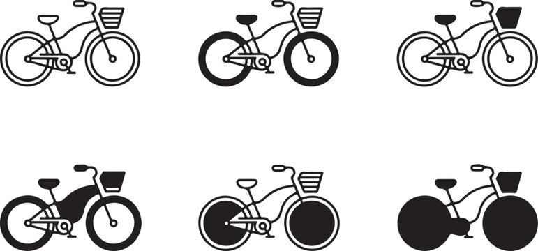 Biking on the boardwalk line art, classic cruiser bike or cycle with a basket filled black silhouette