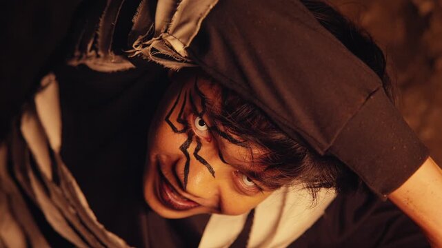 A high-angle, close-up shot of a man in theatrical spider makeup and white contacts. He stares up with a menacing and unstable expression, perfect for horror or thriller themes.