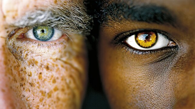 Flat vector art showing age impact on eye skin and iris color, left eye from older individual with visible aging texture and green-flecked light iris,