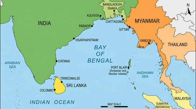 Southeast Asia political map with country borders and Bay of Bengal