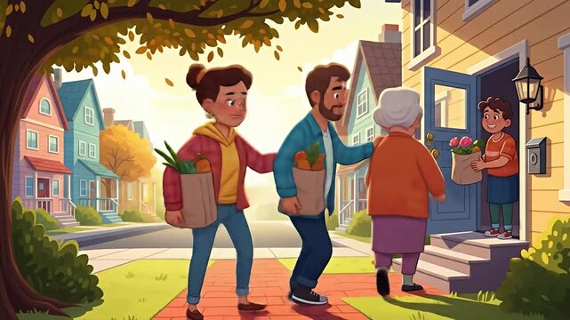 Three people walk to a house with groceries on a sunny suburban street in a cartoon style