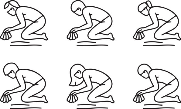 Collecting seashells line art, bent over pose looing the ground