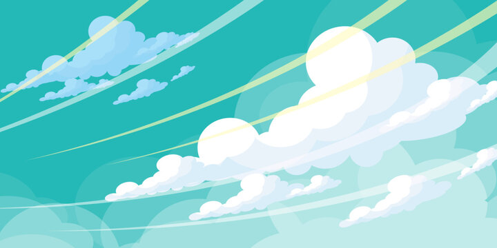 Illustration of a blue sky with white clouds in a flat style. Blue sky background and white clouds. Cartoon sky