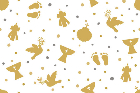 golden elegant seamless baptism pattern, baby feet, baptismal font, shell, holy dove, and candle, great for wrapping, textile, wallpaper, greeting card- vector illustration