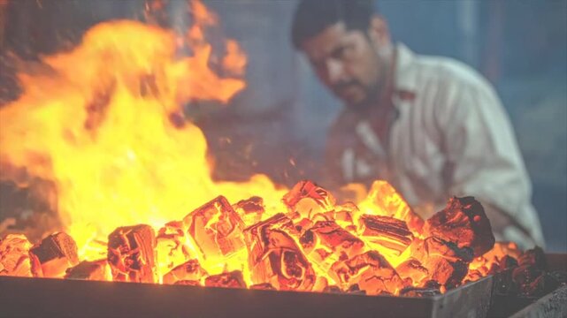 A blacksmith forges with intense heat and burning charcoal. A person is out of focus in the back