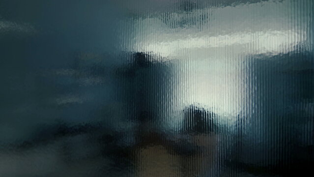View through ribbed glass surface distorting indoor office or study room, blue color palette blending with silhouettes and ambient light gradients
