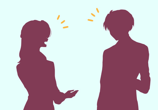 会話する男性と女性　会社員　シルエット