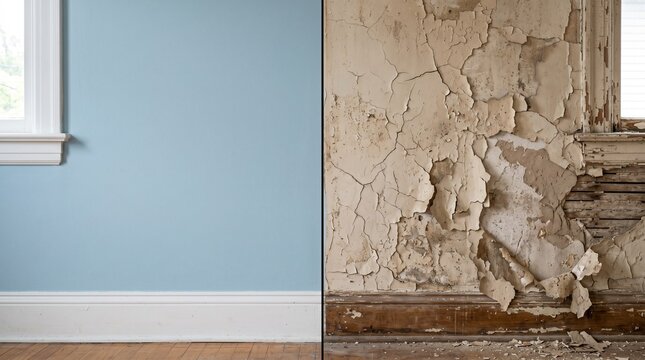 Renovation contrast: A side-by-side comparison of a renovated interior and a damaged interior showcases the power of restoration and the impact of disrepair.
