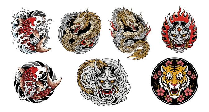 Asian inspired illustrations dragons koi fish demon tiger designs