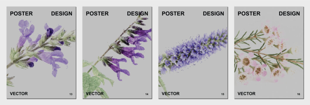 Purple lavender flower halftone dots aromatic herb sprig floral plant botanical retro design