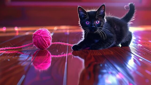 A black kitten with pink eyes looks at a yarn ball on a glossy, reflective wood floor