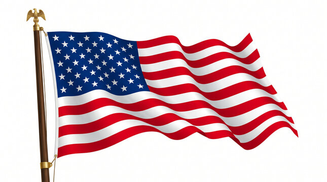 American flag waving on gold pole isolated on white