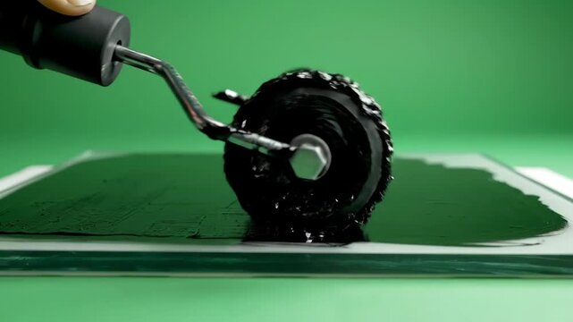 Green Screen Black Ink Brayer Rolling on Glass Plate Slow Motion