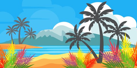 Obraz premium silhouette of coconut tree in flat style. illustration of palm tree in flat style. summer background. summer theme scenery 