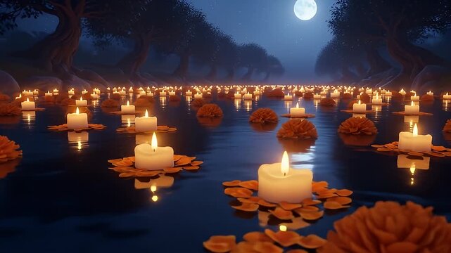 Candles float on a body of water under a full moon, trees lining the horizon