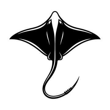 Black silhouette of a stingray swimming in the ocean with its fins spread wide and tail curved downward