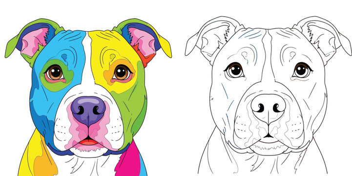 Colorful Pop Art Pit Bull Portrait and Line Art Version for Coloring Page, Vibrant American Staffordshire Terrier Dog Head Illustration, Creative Artistic Animal Vector Design