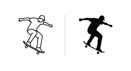 A skater performing a trick on a skateboard shown in both line art and silhouette © nhpvect02