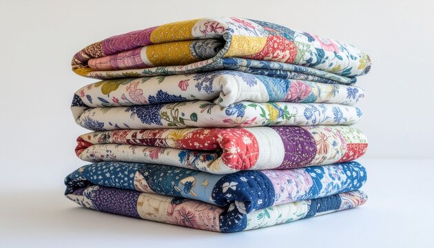 A Stack of Colorful Patchwork Quilts with Floral and Striped Patterns, Neatly Folded and Piled on a White Background