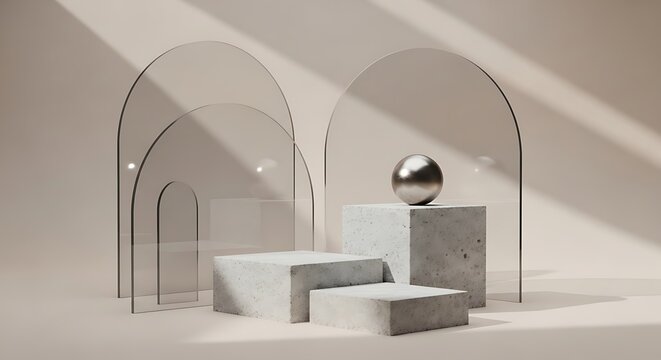 Minimalist interior with marble blocks and silver sphere