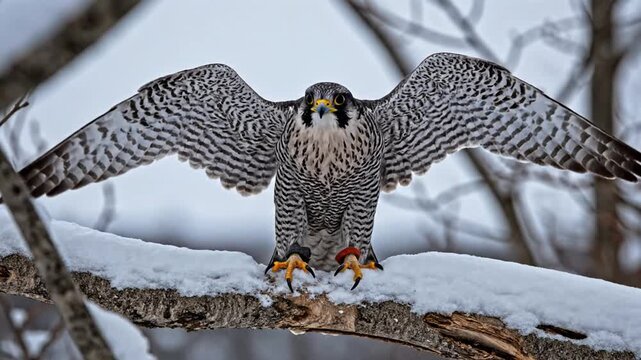 Majestic peregrine falcon with gray and white barred plumage landing on a snow-covered tree branch in winter with wings spread wide and sharp talons extended for a precise grip.