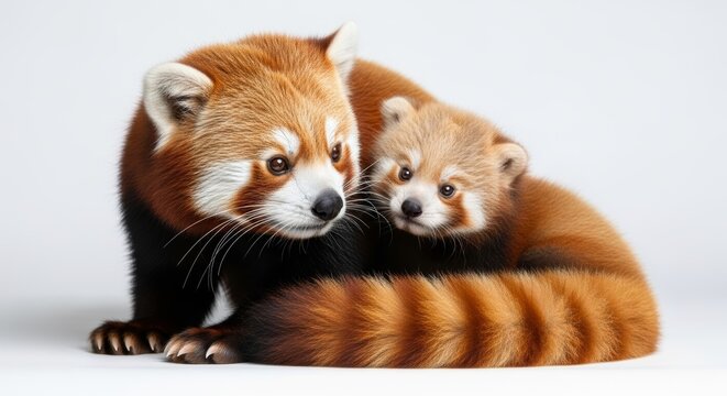 Adult Red Panda and Small Baby Realistic Wildlife Illustration