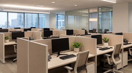 Fototapeta premium Modern Workplace With Beige Fabric Partitions Organized Desks And Warm Corporate Office Atmosphere Interior Design