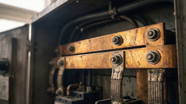 Close Up Copper Busbars in Switchboard Showing Warm Golden Electrical Infrastructure and Industrial Detail