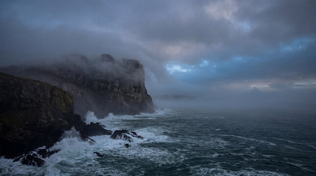 Moody Cliffside Shoreline Scene With Dense Rolling Clouds And Dramatic Mist For Coastal Nature Prints