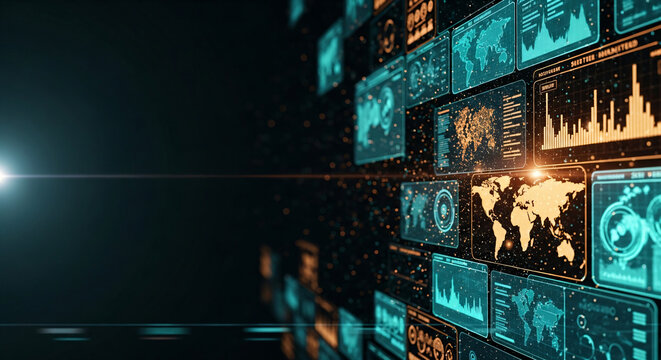 Digital Data Visualization Interface With Global Map Charts Background