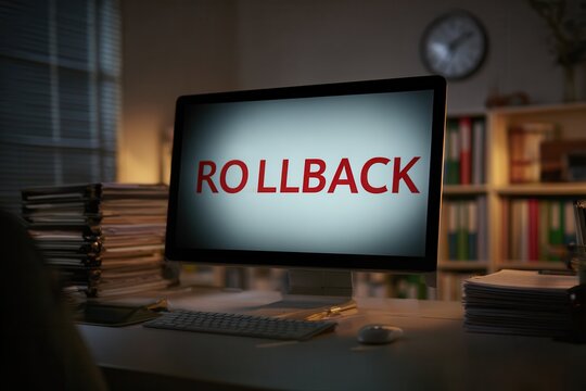 Office corner with monitor showing rollback in red text