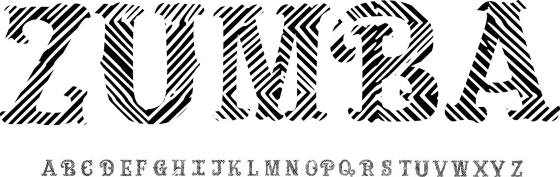ZUMBA Striped Vintage Display Font Alphabet &ndash; Decorative Serif Typeface with Engraved Line Texture for Classic Branding, Logo Design, Editorial Headlines, Posters, Packaging, and Retro Typography