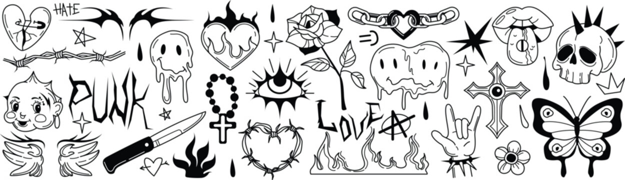 Futuristic cyber sigilism tattoo pack featuring burning heart and knife vector