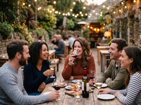 Woman Enjoying Wine with Friends in Social Gathering, Group of Adults Sharing Drinks, Casual Lifestyle Moment, Smiling Conversation, Warm Relaxed Atmosphere, Lifestyle Photography