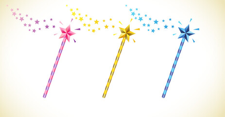 Set of colorful fairy wands, clip art collection. Pink, golden and blue magic wand with shiny stars and glitters. 3D graphic design. © koltukovs