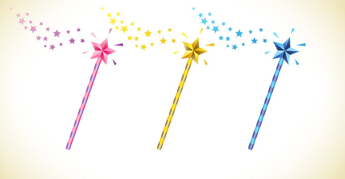 Set of colorful fairy wands, clip art collection. Pink, golden and blue magic wand with shiny stars and glitters. 3D graphic design.