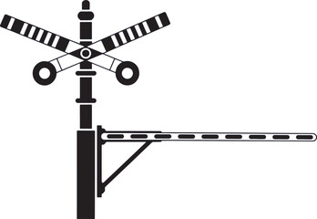 Railroad crossing signal stands as a warning sign with a lowered gate to stop oncoming vehicles. © MstJahanara