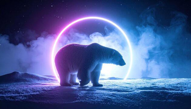 A solitary polar bear stands before a glowing neon ring in a cold, ethereal setting