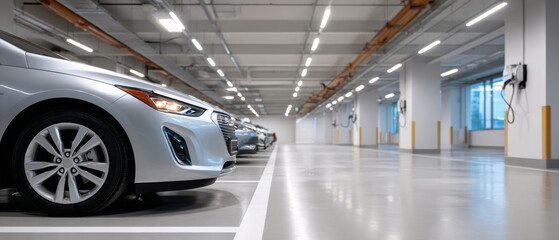 Fototapeta na wymiar Modern electric cars parked in a spacious, well-lit indoor parking garage with charging stations along the walls and polished concrete floors