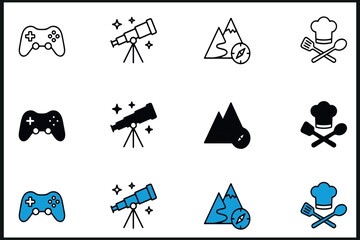 Recreational Hobbies Vector Icons Pack - 12 Editable Stroke Outline Flat Glyphs for Gaming, Astronomy, and Cooking © Grainora