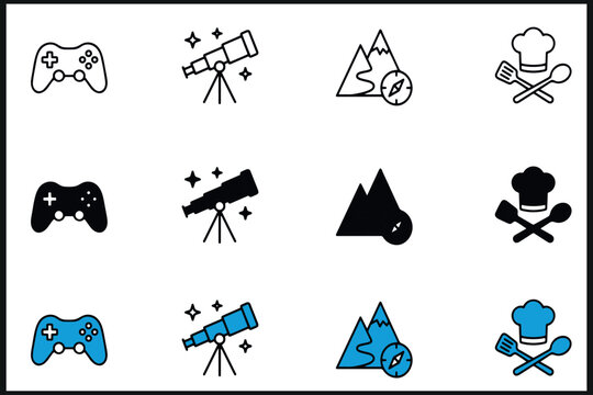 Recreational Hobbies Vector Icons Pack - 12 Editable Stroke Outline Flat Glyphs for Gaming, Astronomy, and Cooking