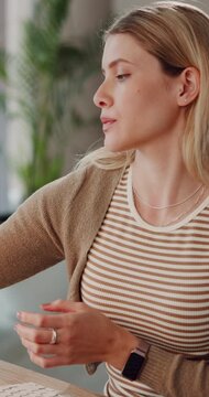 Remote work, woman and drinking water in home with pills, medication and headache relief. Person, medicine or vitamins in house for recovery, supplement or prescription drugs for concentration