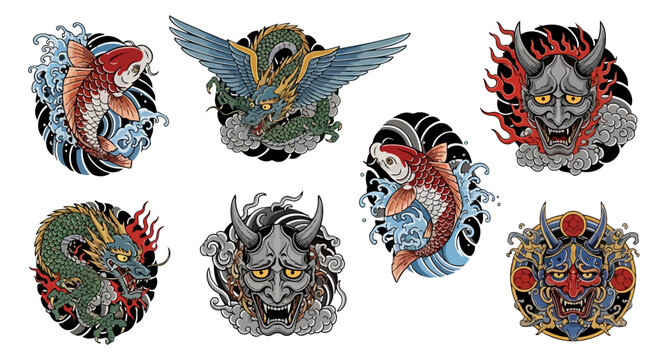 Japanese art illustrations dragons koi fish demon masks on black